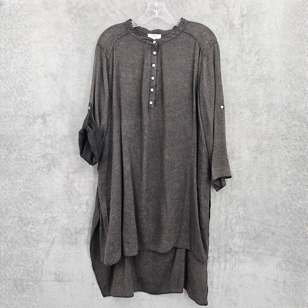 Umgee Tunic Dress L Brown Grey High Low ¾ Roll Tab Sleeve Lightweight Gauzy Thin